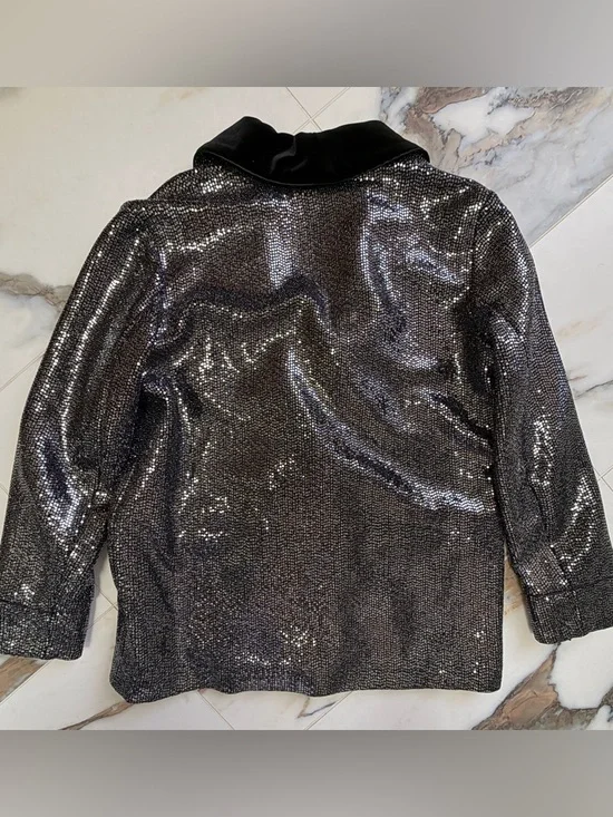 ZARA TRF Sequin Blazer Velvet Collar Black Silver Party Jacket Size M - Picture 3 of 8